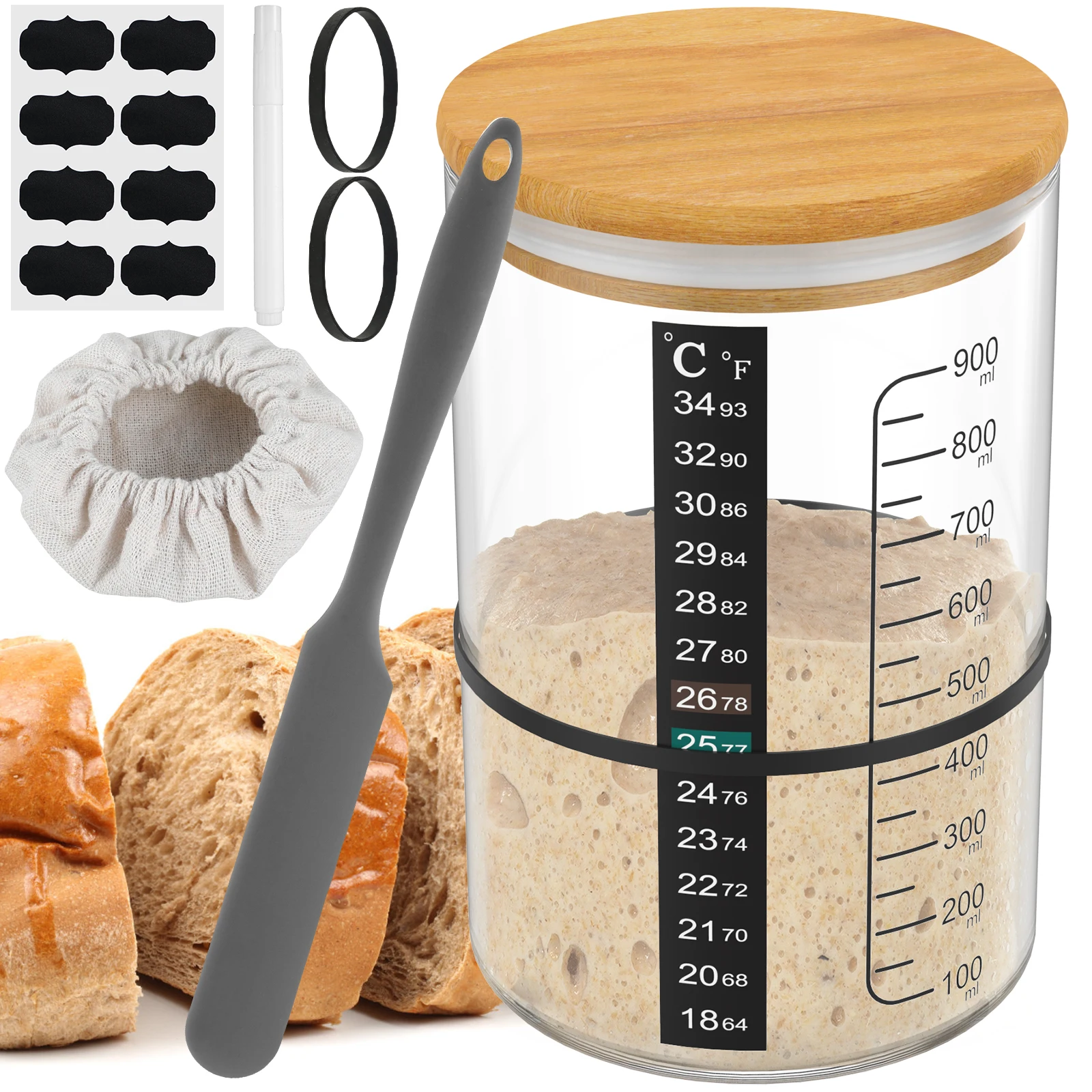 Sourdough Starter Jar Kit 900ML Large Capacity Sourdough Starter Container with Lid Kitchen Baking Fermentation Jar Food Storage