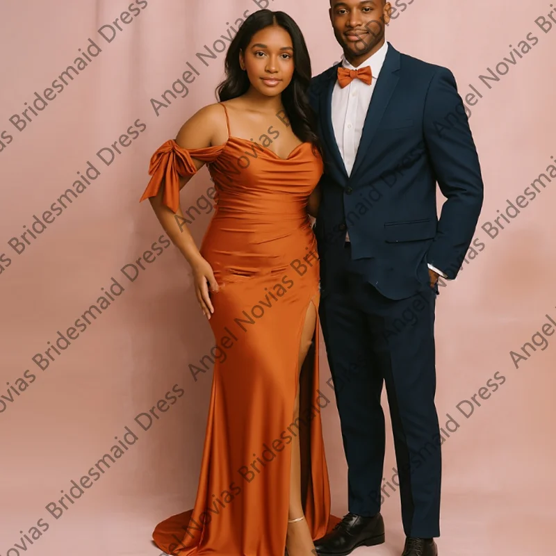 

Mermaid Burnt Orange Bridesmaid Dresses with Split Evening Prom Party Gowns vestido de madrinha de casamento Customized