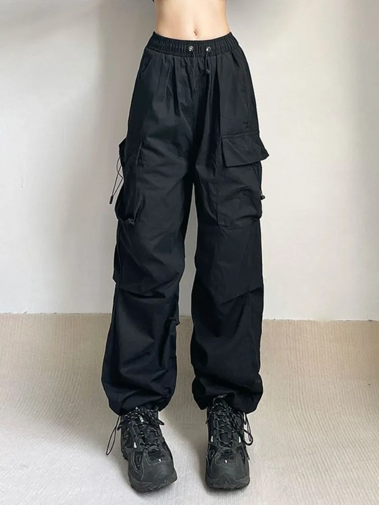 QWEEK Women Oversized Cargo Parachute Pants Y2k Vintage Streetwear High Waist Joggers Hippie Baggy Harajuku Wide Leg Sweatpants