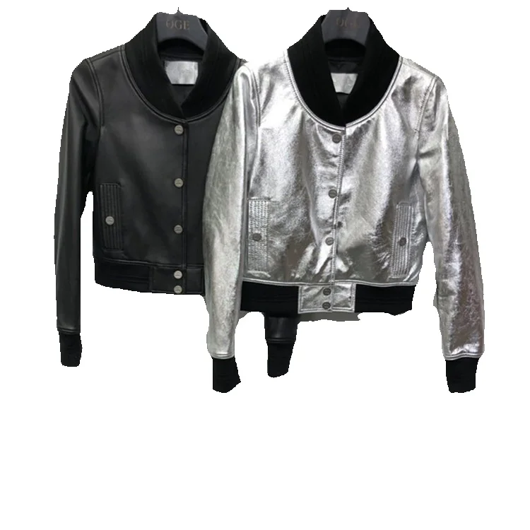 Zhou Xun, Alu, Xin Ni'er, Same Style Fragrant Silver Crack Genuine Leather Jacket, Women's Short Motorcycle Baseball Jacket