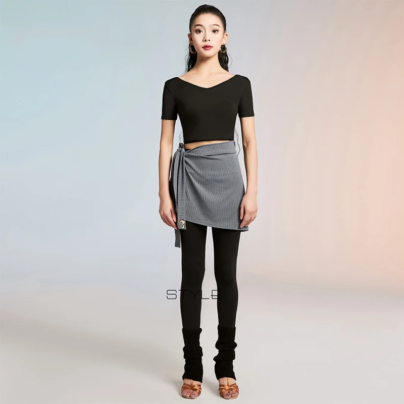 Neue Frauen Latin Dance Kleidung Für Ausbildung Kurzarm Schwarz Top Praxis Hosen Grau Hüfte Handtuch Weibliche Latin Dancewear AMY3157