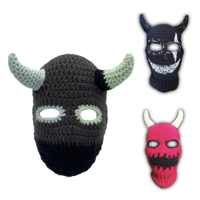 Halloween Funny Knit Hat Warm Full Face Cover Devil Horn Balaclava Hat