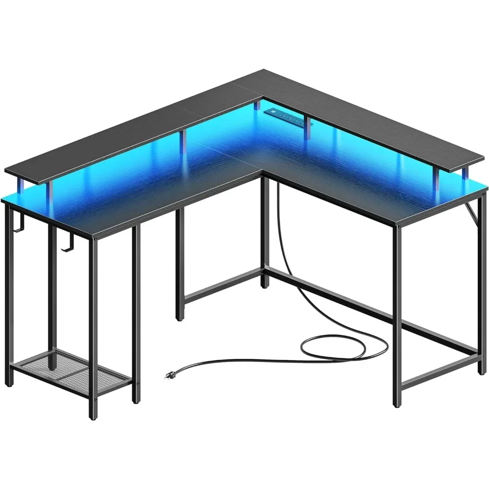 L Shaped Gaming Desk with Power Outlets & LED Lights, Computer Desk with Monitor Stand & Storage Shelf,