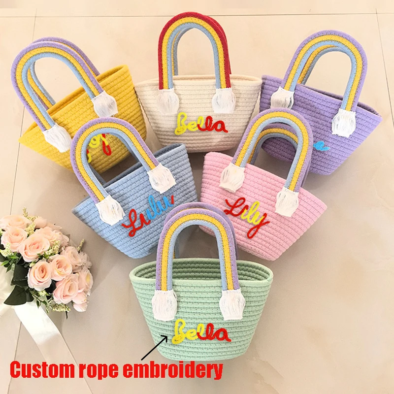 

Customized text rope embroidery color random rainbow bag women's handbag picnic basket woven bag wedding partner gift bag