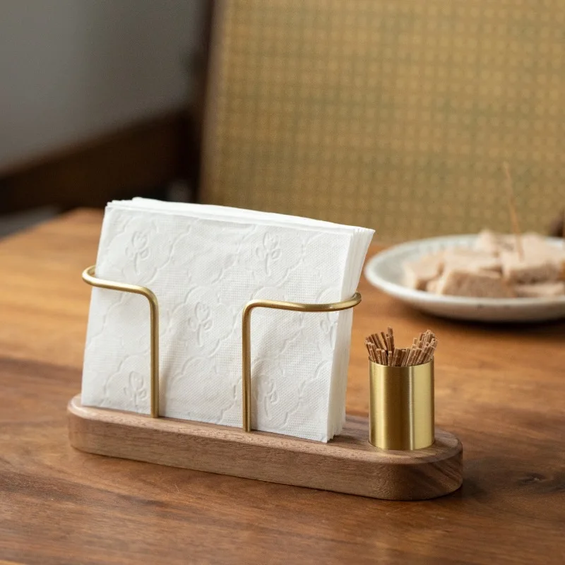 Wooden Tissue Paper Holder Metal Toothpick Holder Napkin Holder Tableware Tissue Box Storage Desktop Organizer Tableware Supplie