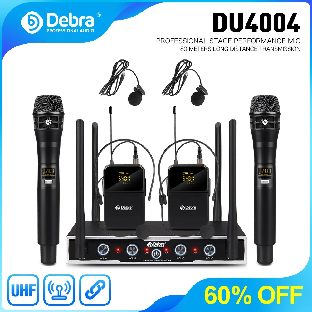 Wireless Conference Microphone System Debra Audio DU4004 UHF 4 Channel With Handheld*Lavalier*Headset,For Meeting,Speech,Church