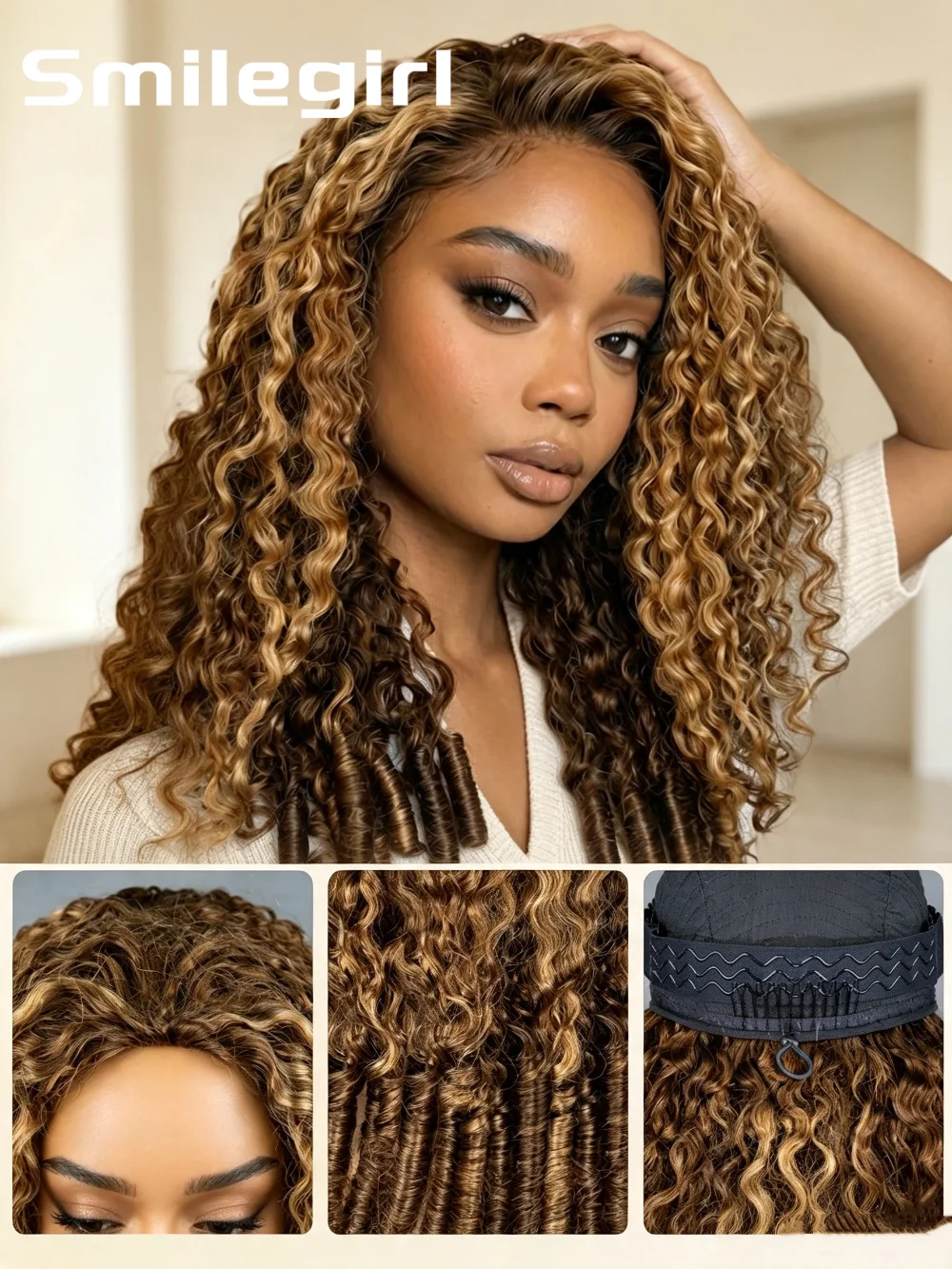 30 Inch Highlight Burmese Curly Half Wig Human Hair Wear and Go Wigs P4/27 Omber Brown to Honey Blonde 3-in-1 Machine Curly Wig For Women