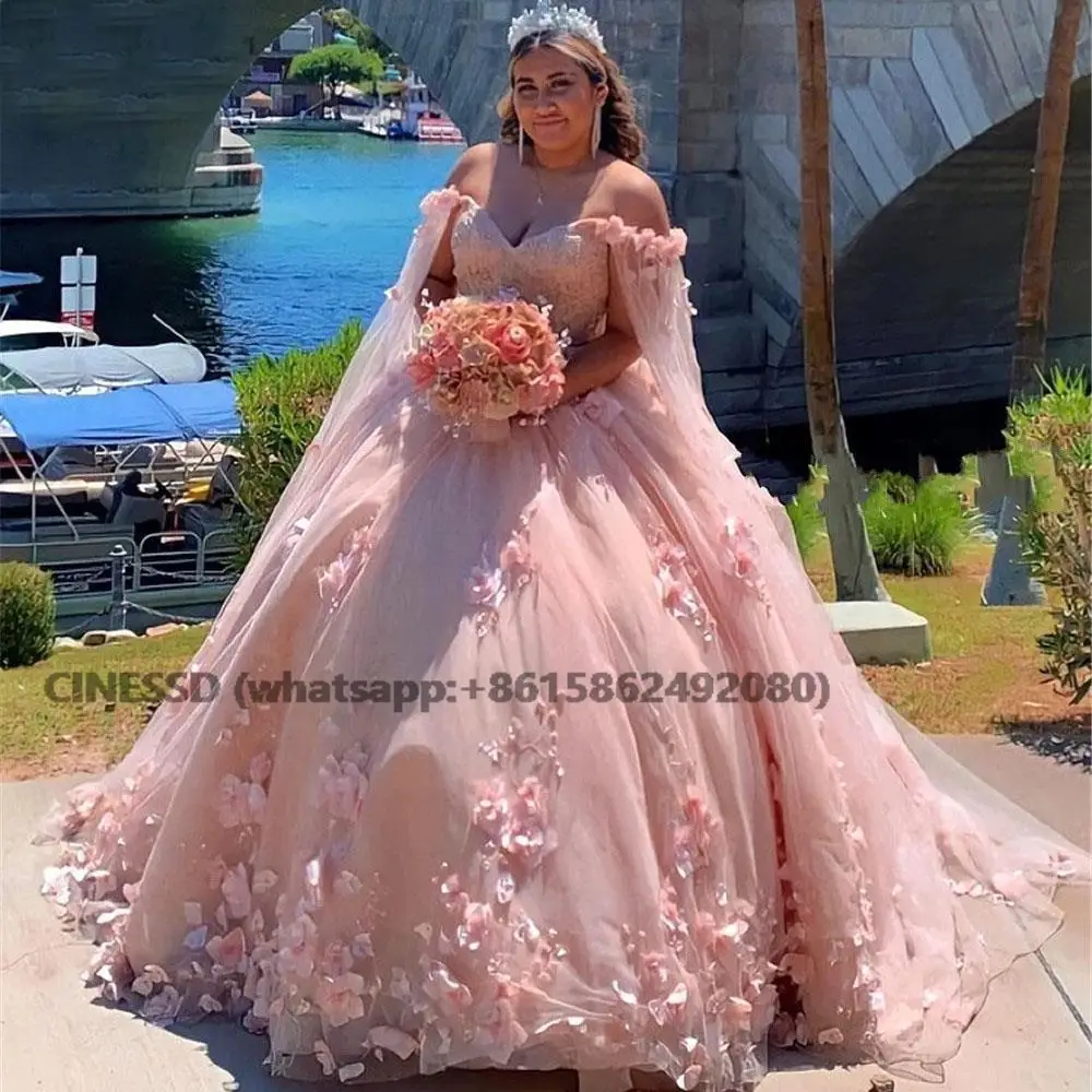 

2022 Pink Ball Gown Princess Quinceanera Dress with Appliques Beaded Flowers Party Sweet 16 Gown Vestidos De 15 Años