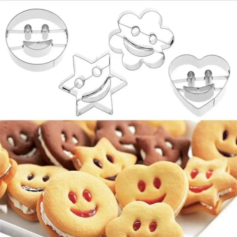 4pcs/Set Smiley Cookie Cutter Biscuit Mold Stainles Steel Fondant Cake Mold Sugar Cookie Pastry Baking Tool Kitchen Accessories