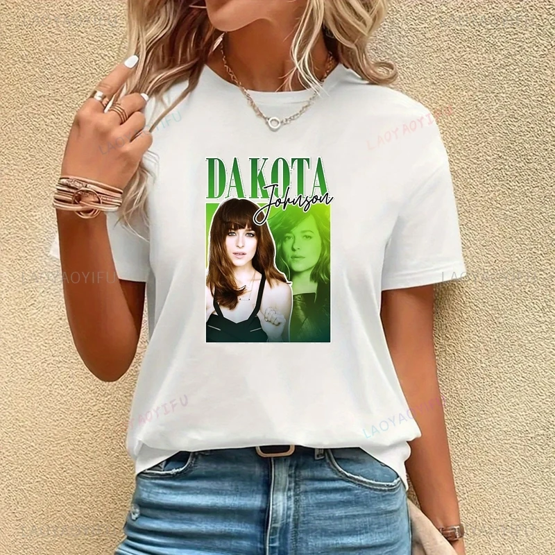 Famous Movie Star DAKOTA JOHNSON Classic Poster Print Women's Fashion T-shirt, Everyday Casual Women's Cotton T-shirt