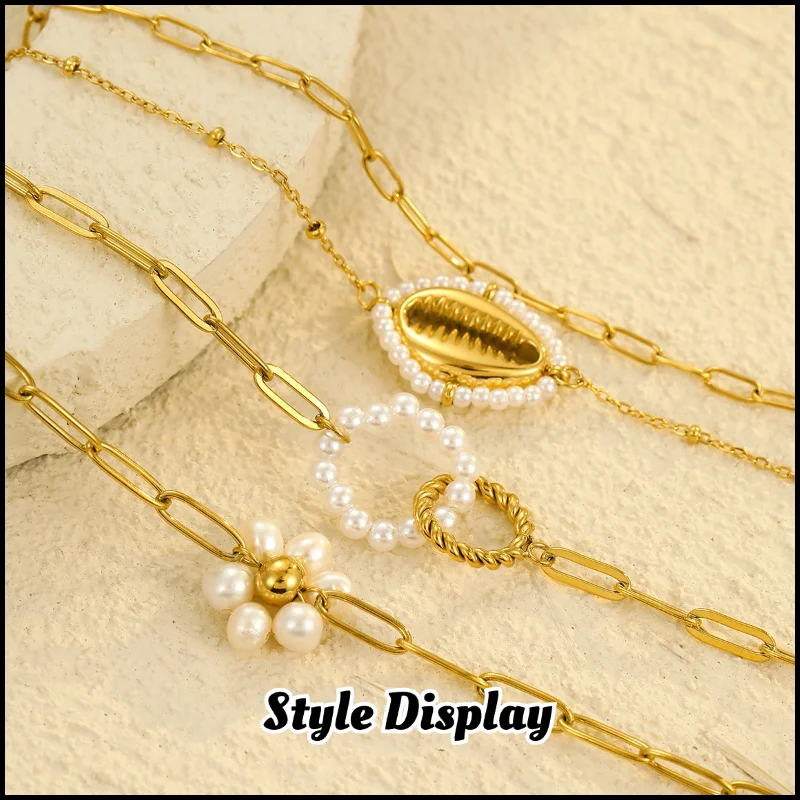 Stainless Steel Hoop Flower Pearl Bracelet Plated 18k Gold Non Tarnish Waterproof Trendy Fashion Jewelry Bracelet For Women Gift