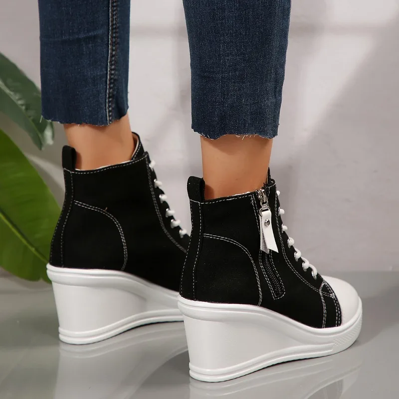 

2025 New Classic High Top Canvas Shoes for Women Contrast Color Lace Up Platform Sneakers Woman Non Slip Casual Vulcanized Shoes