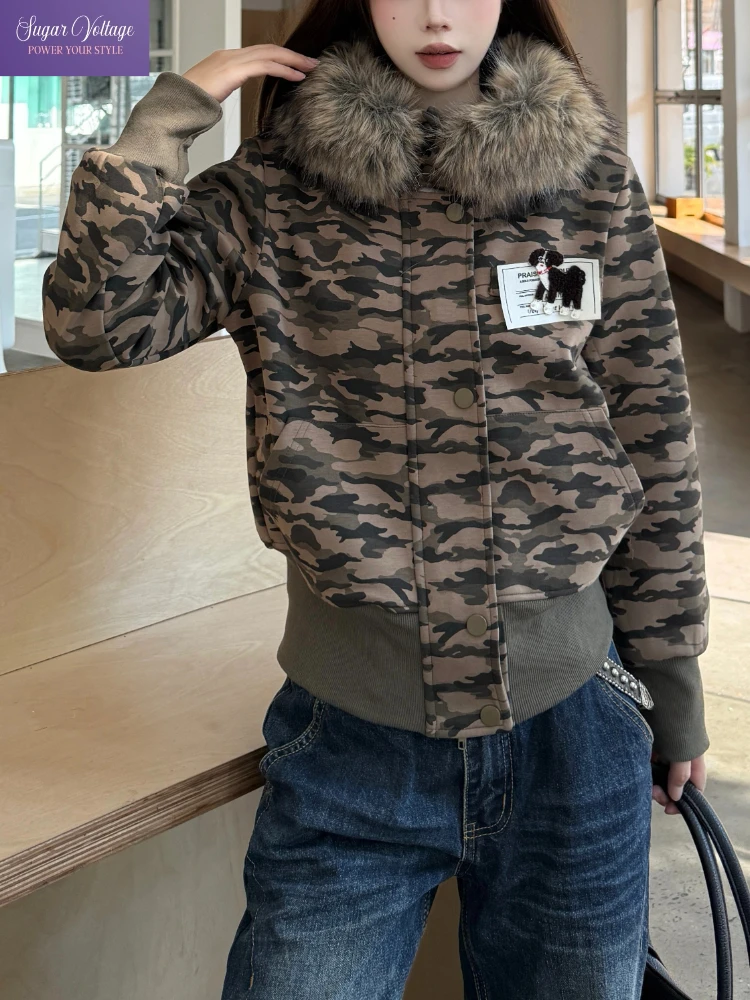 

Винтажная камуфляжная куртка женская осенняя короткая куртка в американском стиле ретро со съемным меховым воротником свободного покроя модная модная одежда
