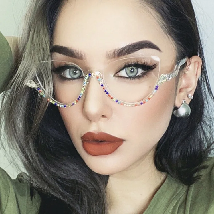 Diamant-Cat-Eye-Sonnenbrille für Damen, 2025, halbrandlose Sonnenbrille, Luxusmarke, Designer, Kristallrahmen, Strass-Brille, Oculos – Detail 1