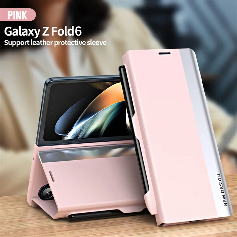 

With S Pen & Pen Slot PU Leather Electroplating Holder Phone Case For Samsung Galaxy Z Fold 6 5 4 3 5G Fold6 Magnetic Flip Cover