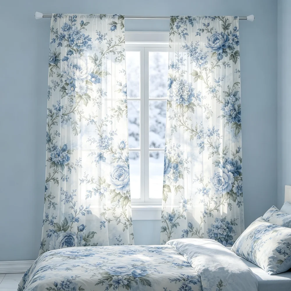 2PCS Sheer Curtains, Blue Hydrangea Peony Floral Print, Bedroom Living Room Window Drapes, Rod Pocket Polyester, Home Decor