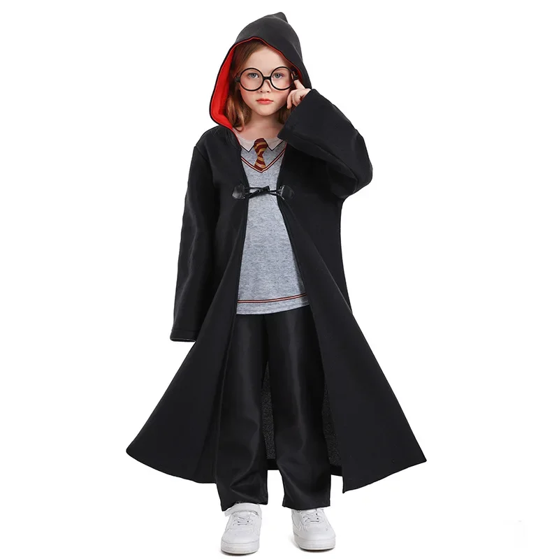 Children Girls Medieval Magic Wizard Hooded Robe Sets Kids Boys British Style Academy Costume Halloween Cosplay Party Dress Up