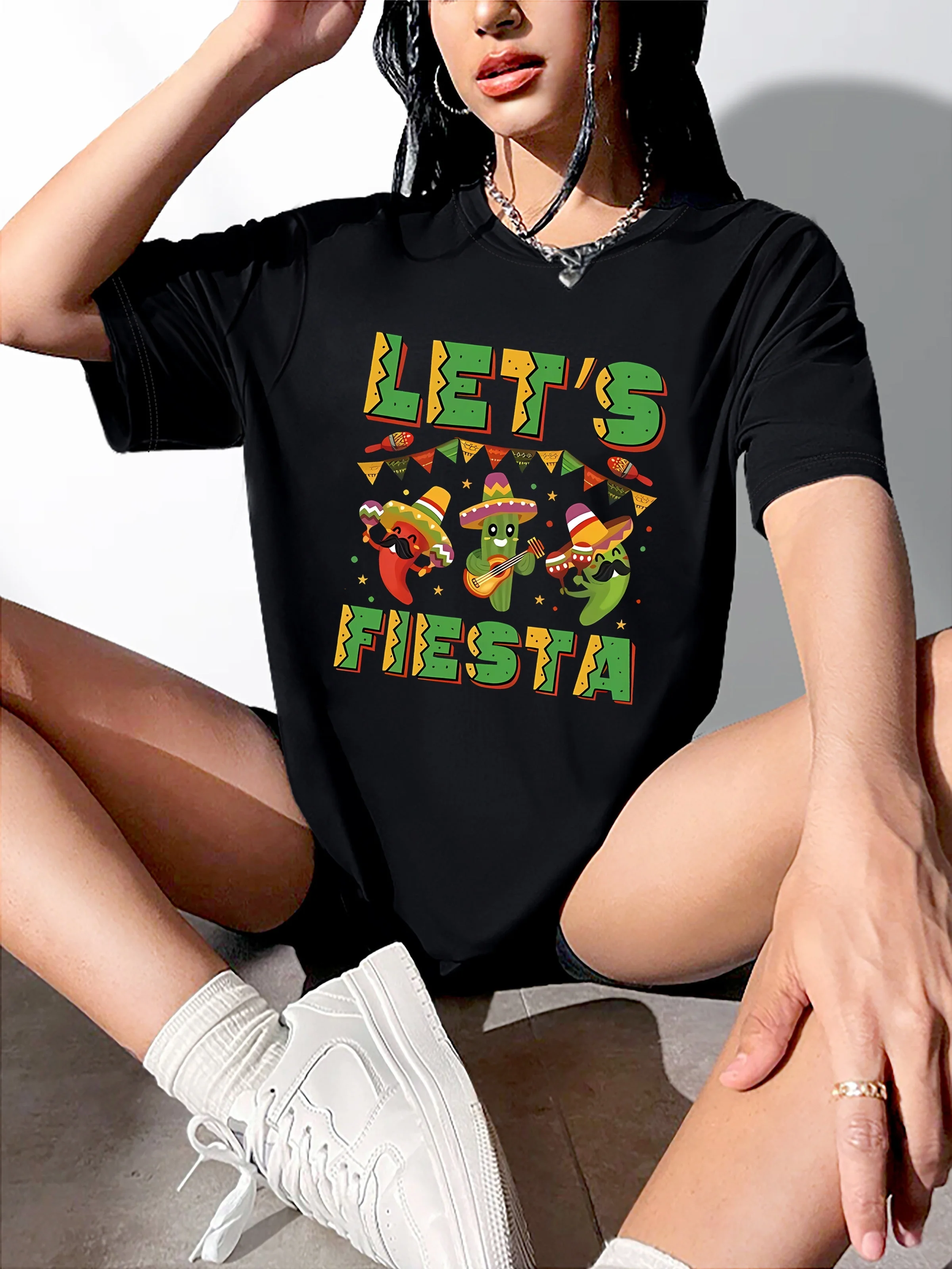 

party l Women's Casual Fashion T-Shirt With Colorful Funny Cactus "Let's Fiesta" Lettering, Short Sleeve, Round Neck,