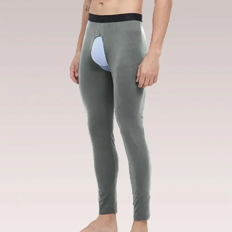 Open-crotch thermal pants men thin leggings middle-aged old long Johns autumn winter tight inner threaded pants men's cotton pan