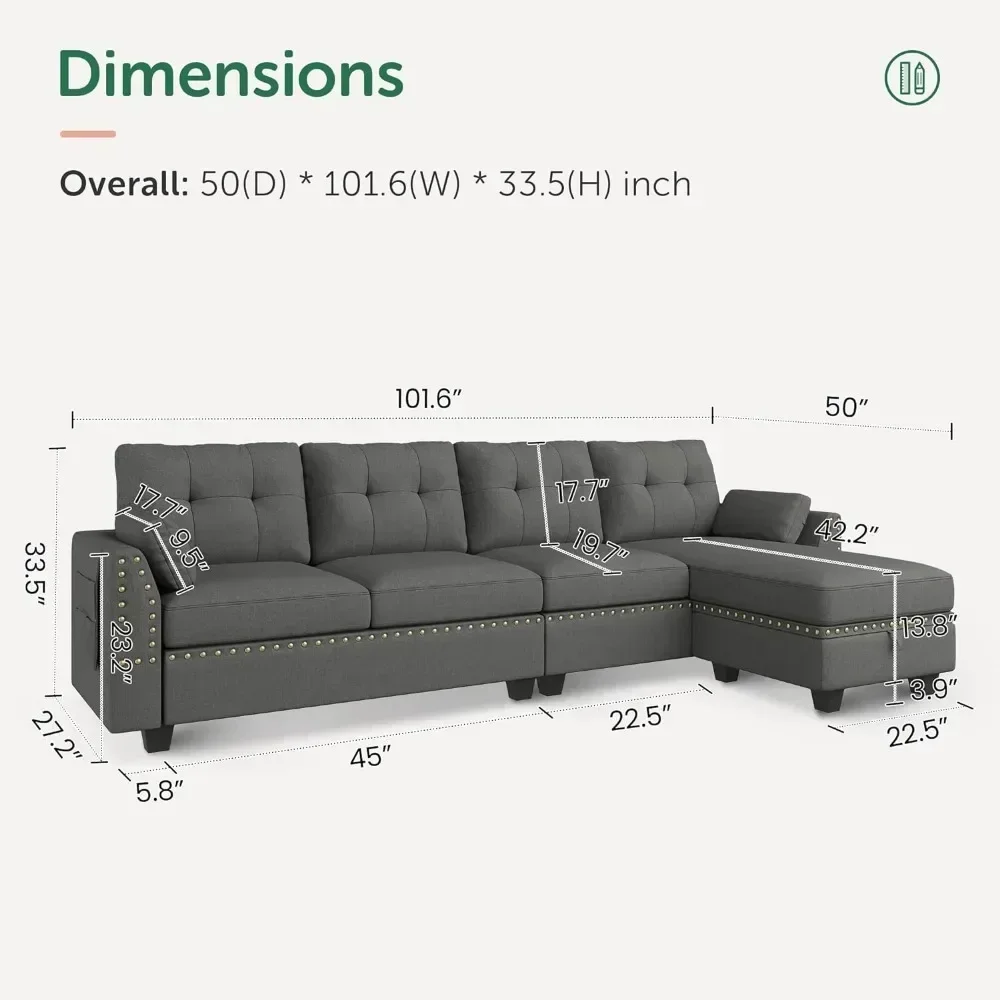 

-Sofa L-Shape Sofa Convertible Couch 4-Seater Sofas Sectional For Apartment Dark Grey