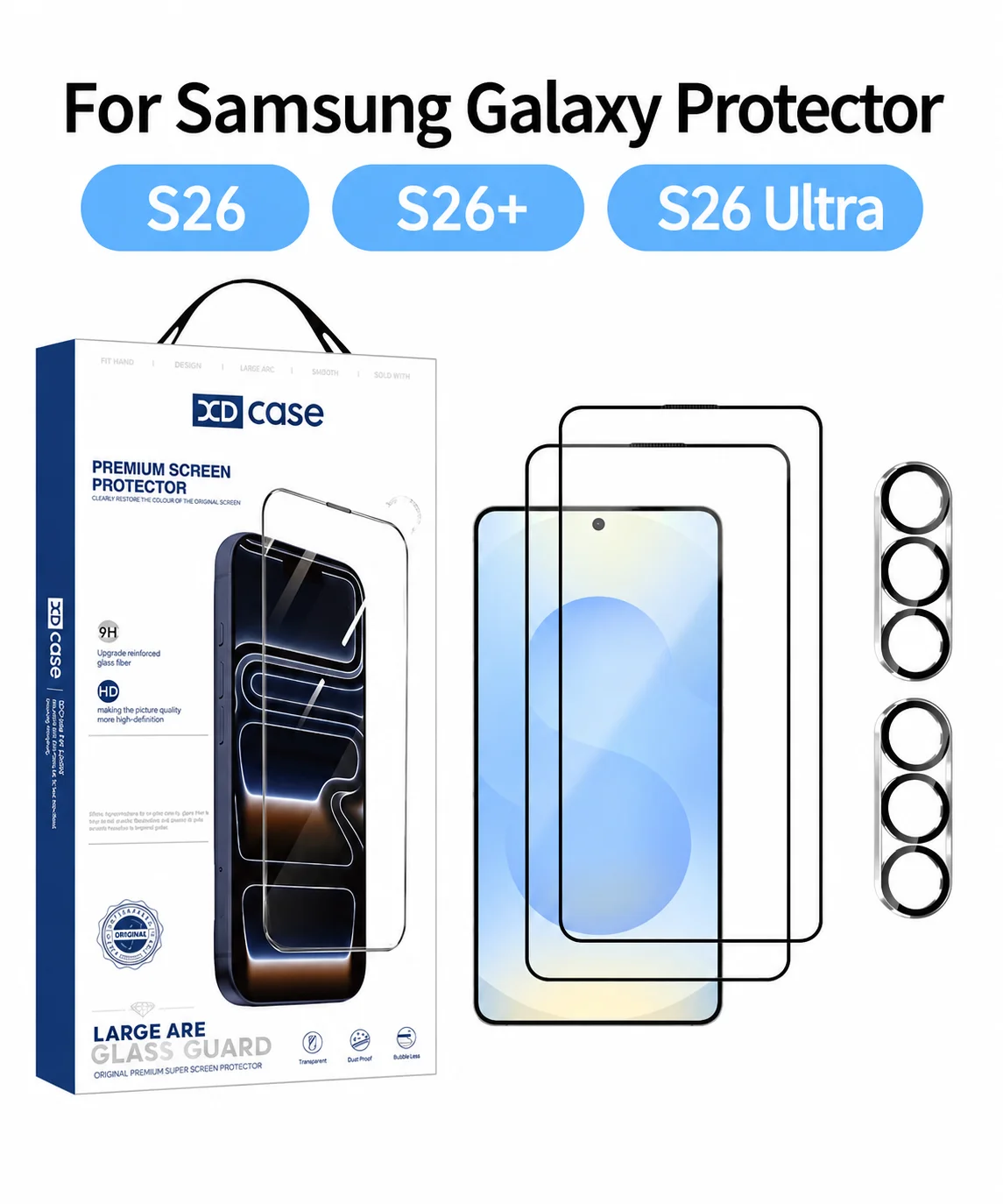 XDcase 2 Pairs Tempered Glass Screen Protector + Silkscreen Lens Protector For Samsung Galaxy S26/S26+/S26 Ultra 5G