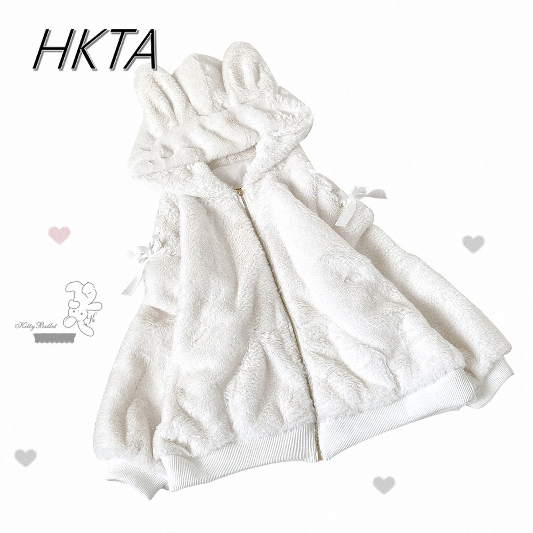 Lolita Original Plush Cute Rabbit Ear Strap Jacket Women's Japanese Autumn and Winter New Zipper Mine Hooded Fur Coat Female