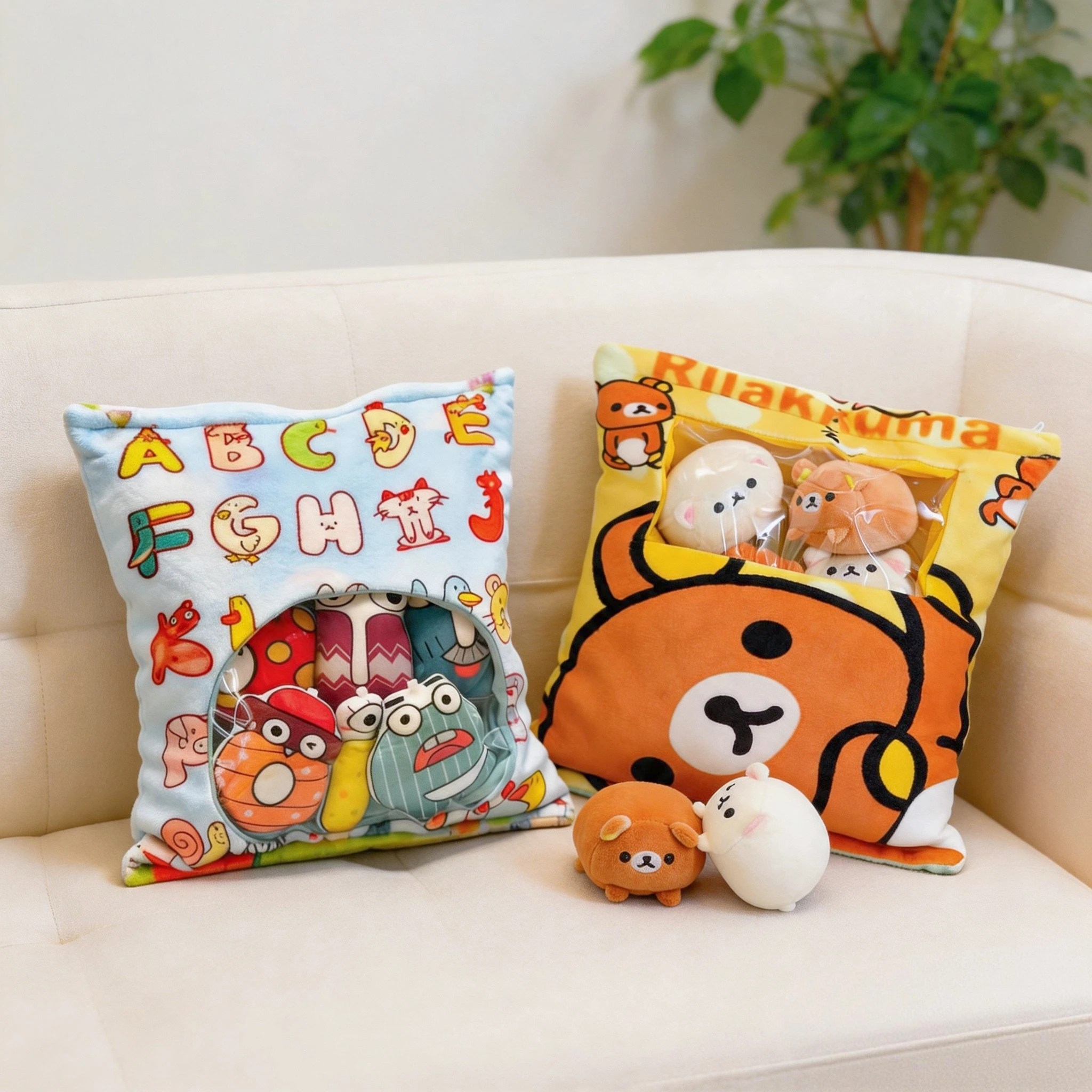 Cute Bear Snack Plush Bag & Funny Letter Plush Pillow Set - Kawaii Stuffed Animal Dolls,Soft Sofa Backrest Cushion for Kids Gift