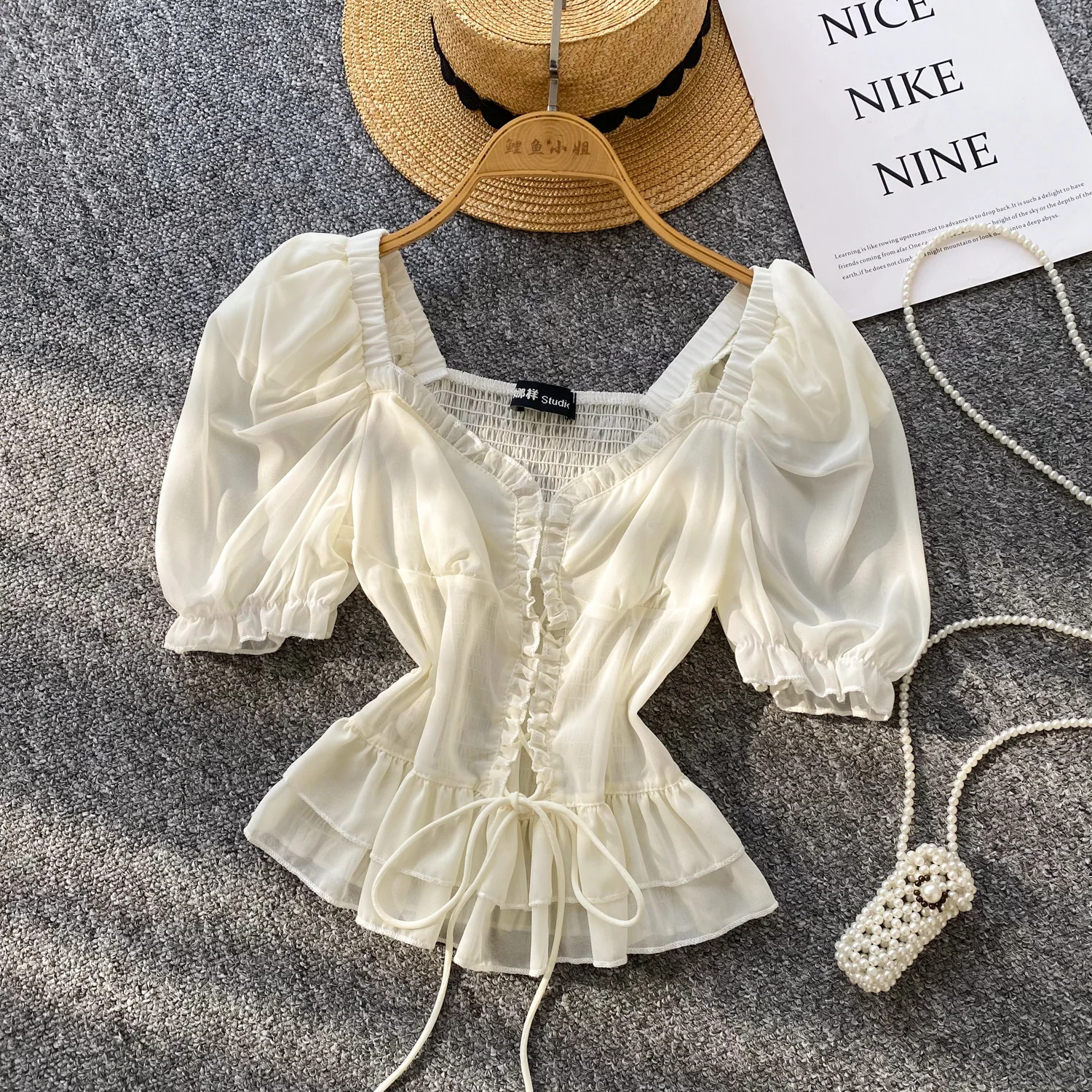 

chiffon ruffle Sexy puff sleeve square neck Spliced pleated T Shirt Chic Slim Women Spring Summer Streetwear women clothing