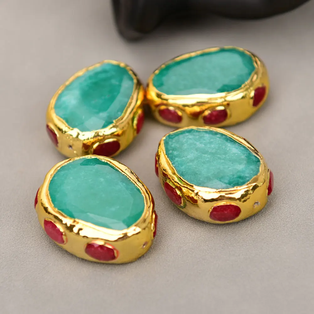 APDGG 4 Pcs Natural Green Aventurine Jade Nugget Gold Edged Plated Beads Jewelry Making DIY