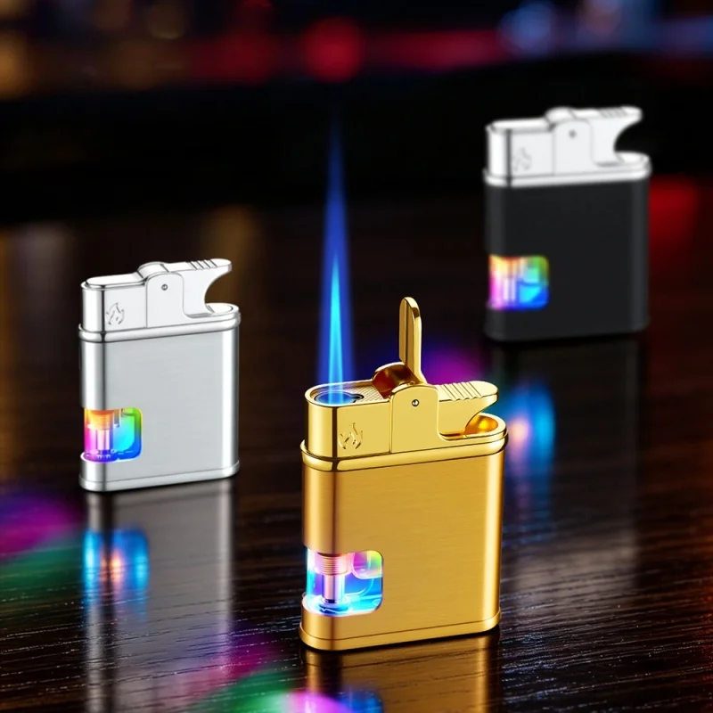 Jet‑flame Gas Lighter, Brushed Gun‑metal Shell, Color‑glowing Transparent Tank, Lever‑trigger Ignition, Wind‑proof Trendy
