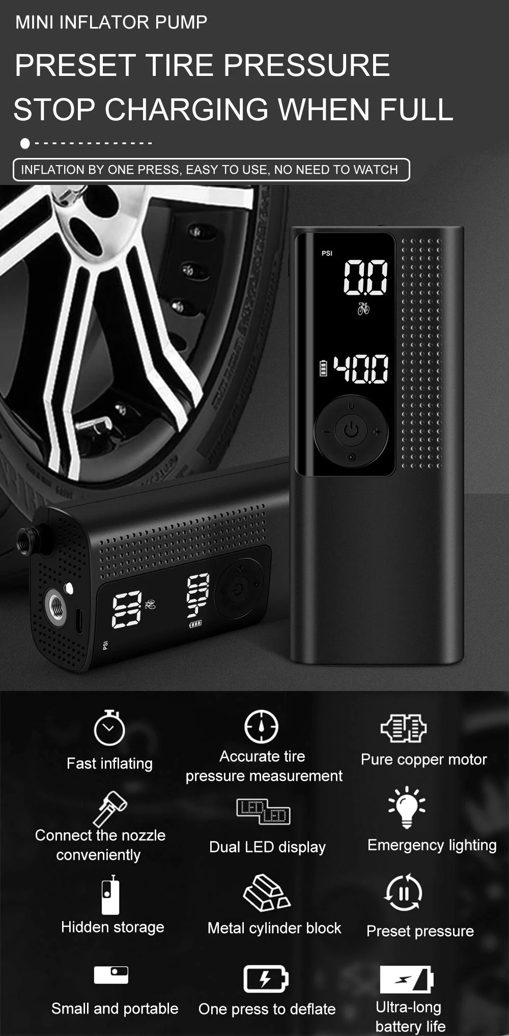 Upgrade 6000 MAh Air Pump Tire Inflator Portable Air Compressor for Car 150 PSI Electric Tire Inflation Cordless Tire Pump