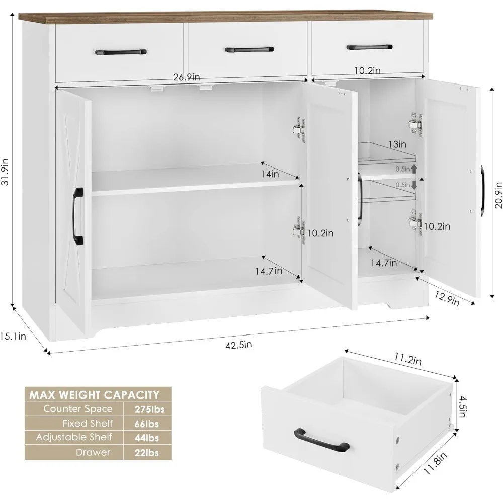 خزانة بوفيه جانبية للمزرعة الحديثة مع أبواب الحظيرة، خزانة تخزين بار القهوة الخشبية مع أدراج ورفوف للمطبخ D #5