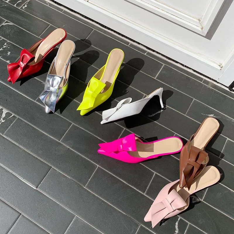 Tip-toed High-heeled Bow Slippers for Women in Summer Wearing Thin-heeled Baotou Semi-slippers for Women's Shoes in 2024