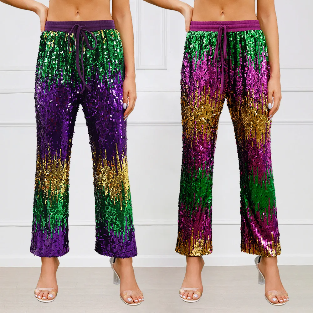 2025 American European New Fashion Women's Gradient Color Casual Trendy Straight Drawstring Sequins Trouser Female Clothes Pants