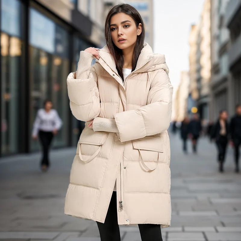2024 Winter Long Women\'s Down Cotton Jacket Female Stand Collar Hooded Parkas Pockets Coats Women Knee Length Thick Warm Jacket