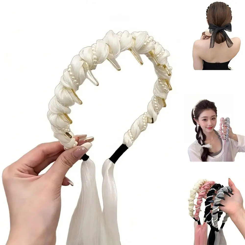 U Shape Satin Fabric Hair Bands Tooth Comb High Top Headpiece Bow Braided Headbands Adjustable Fabric Ribbon Hair Hoop