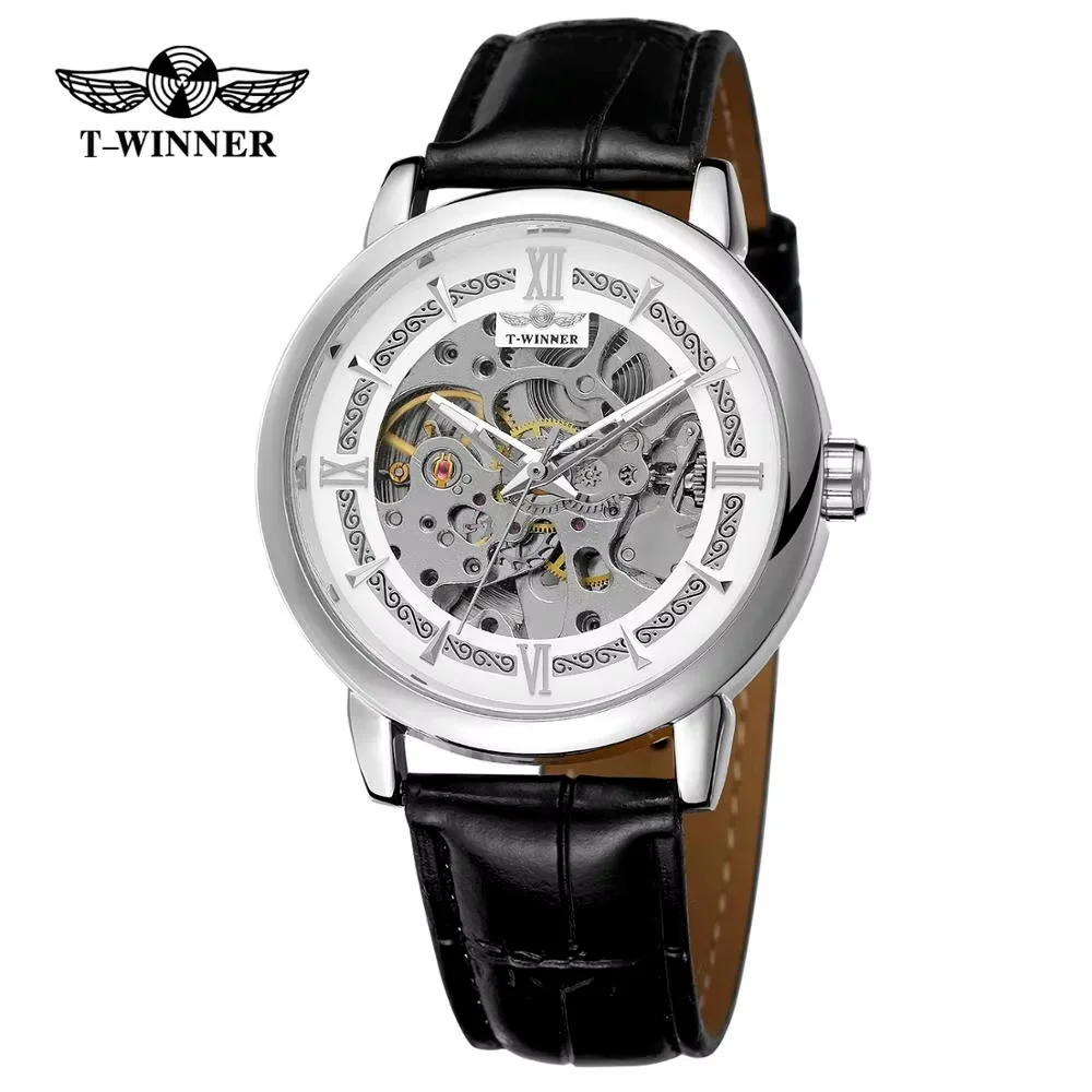 

T-WINNER fashion casual men's watches luxury creative hollow design white dial black leather strap automatic mechanical watch