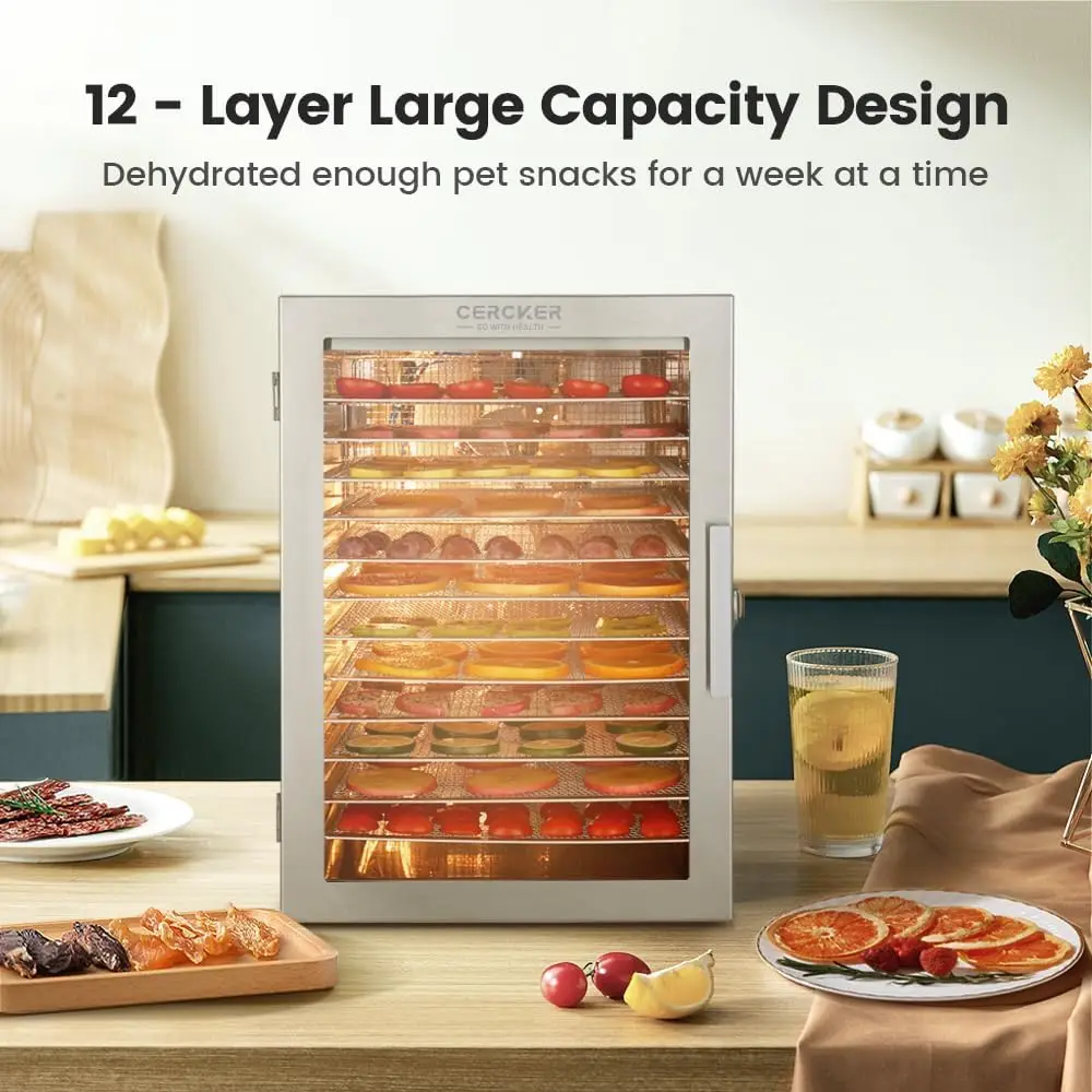 Dehydrator alimentos com controle de temperatura, Herb Dehydrator Carne Jerky Dehydrator, 24 horas temporizador, 24 horas temporizador, 12 bandejas de aço inoxidável, 800W