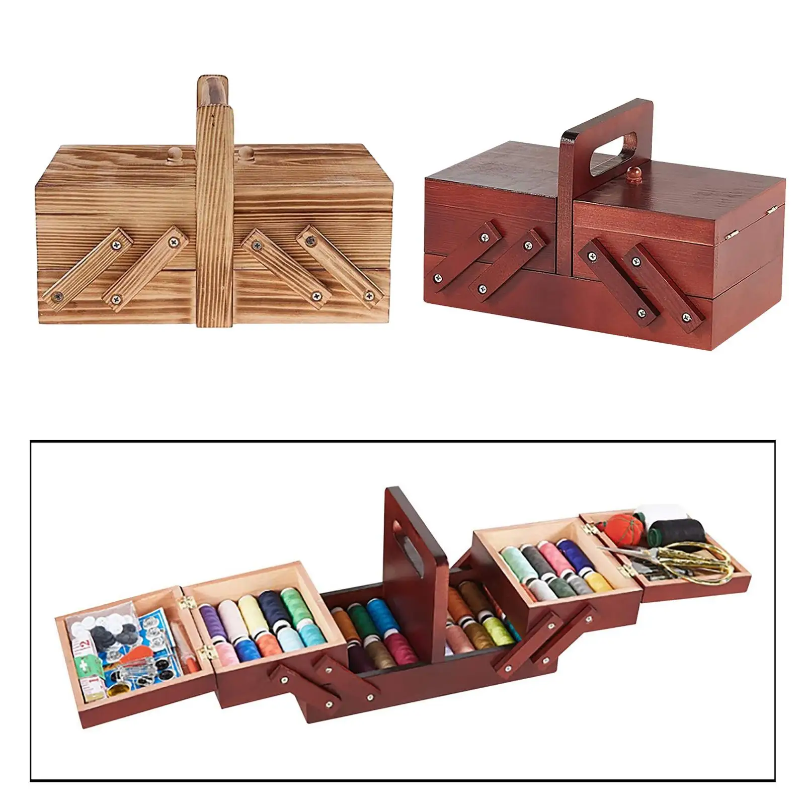 Portable Wooden Sewing Box Compartments Thread Sew Basket Large Household