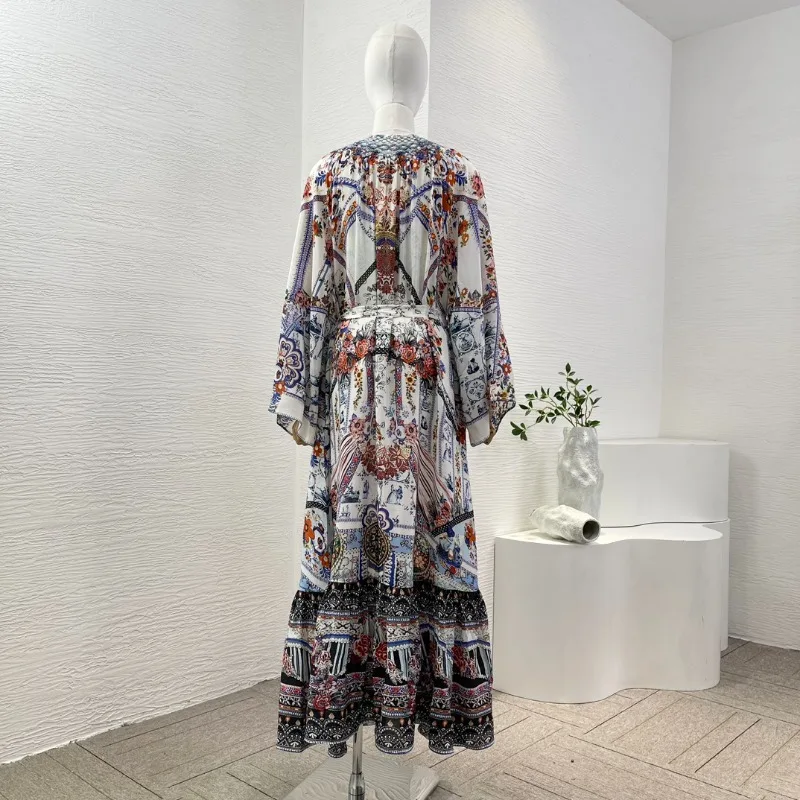 Multicolor Floral Print Midi Dress Long Sleeve Diamonds Vintage Elegant Dresses Women's Clothing Summer 2024