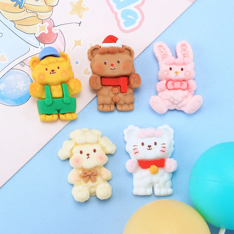 動物フラットバックレジンカボション、クリスマススクラップブッキングクラフト、カワイイ漫画、クマ、ウサギ、猫、樹脂装飾アクセサリー、20個