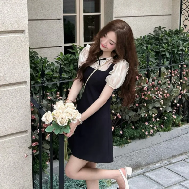 여성용 패치워크 반팔 미니 드레스, 우아한 기질, 한국 스타일, 캐주얼 유행 스트리트웨어, 활 프릴 슬림, 여름