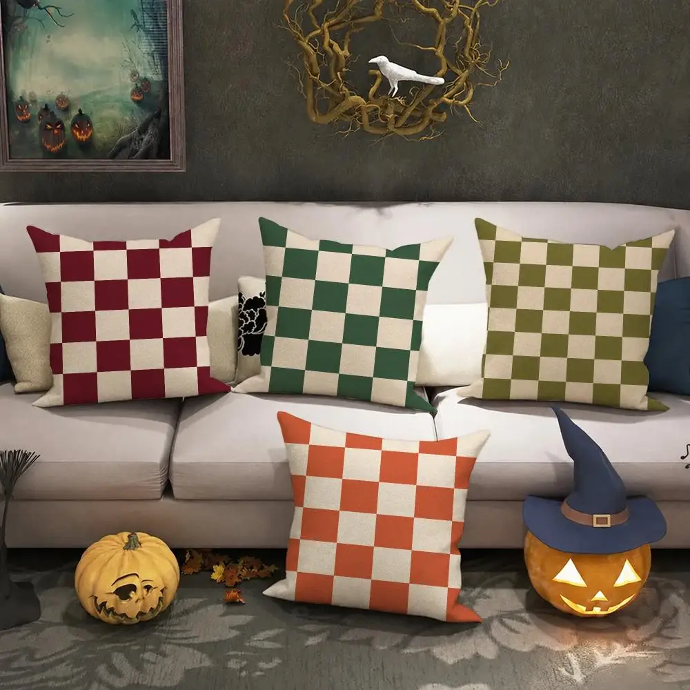 Checkerboard Pattern Cushion Cover Halloween decoration trick or treat cushion cover, ghost, pumpkin head, bat decoration