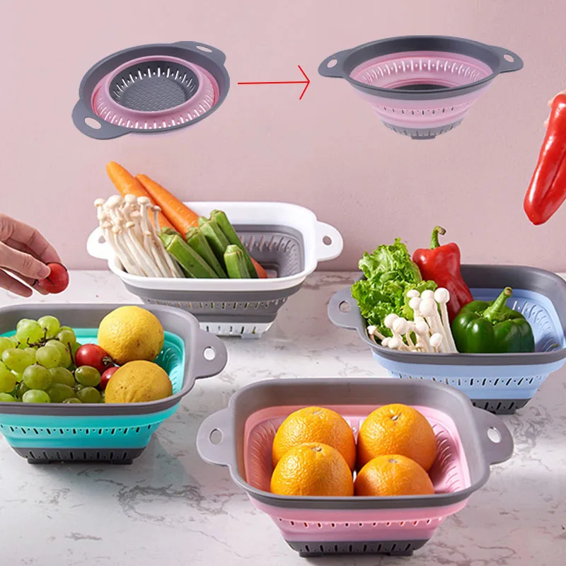 

Складная силиконовая корзина для хранения на кухне, многофункциональная, для фруктов и овощей, складной органайзер для слива воды, кухонные гаджеты