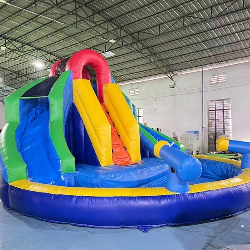 Newly designed house-themed inflatable water park slide pool, inflatable water slide with four water guns