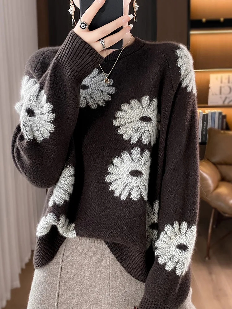 

Autumn Winter Women Sweater 100% Merino O-Neck Knitted Pullover Floral Long Sleeve Cashmere Clothing Tops High Quality Jumper