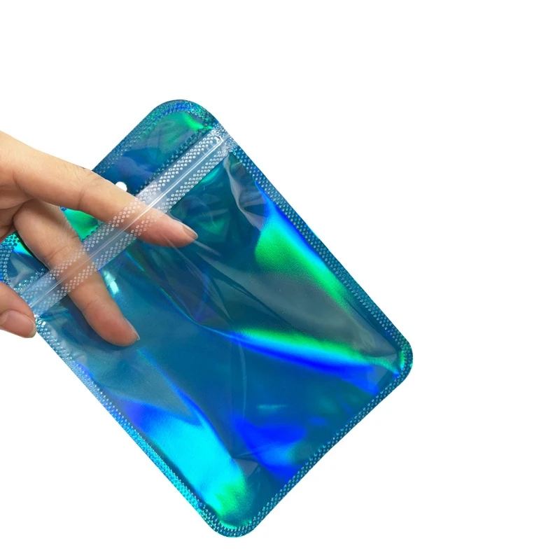 50pcs Blue Holographic Bags Smell Proof Zipper Jewelry Foil Pouch For Small Businesses Products Packaging Food Candy Storage