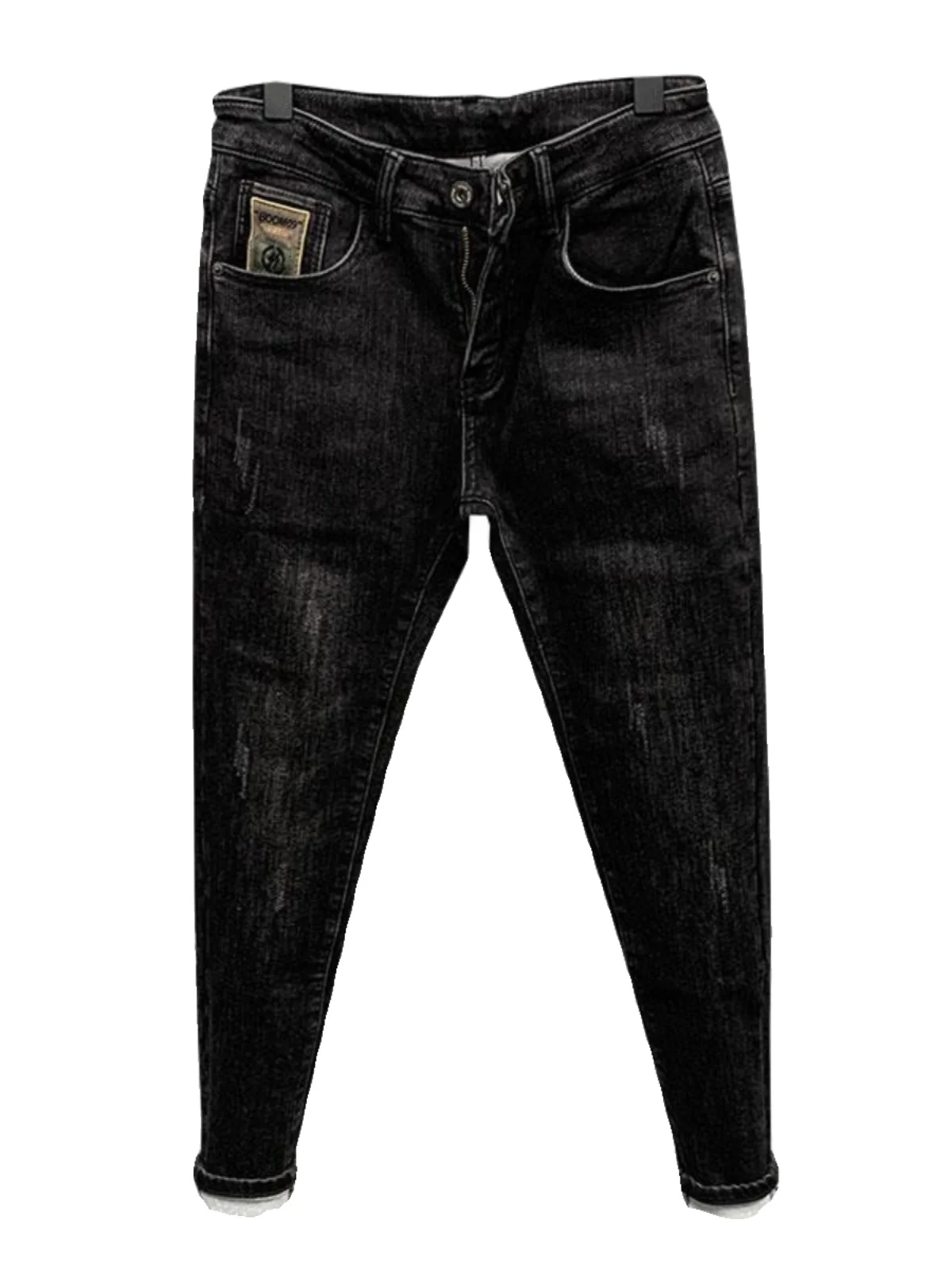 

Мужские джинсы Slim Fit из черного денима, ретро-стиль, с эффектом потертости, эластичные, длиной до щиколотки, молодежные, модные, из хлопкового стрейч-денима, длинные брюки