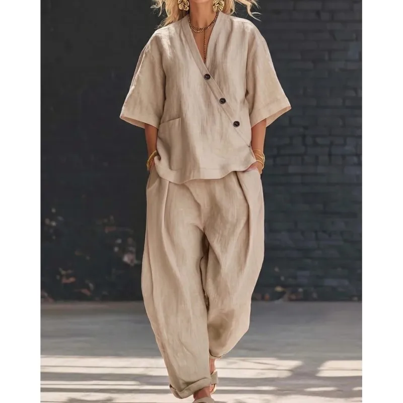 

Casual Loose Pants Set Half Sleeve V Neck Shirt Blouse + Wide Leg Pants Two Piece Set Breathable For Summer Daily Street Outfits
