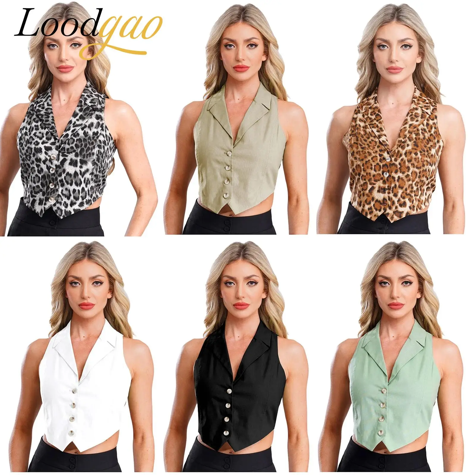 

Office Lady Fashion Vest Streetwear Leopard Print Women's Waistcoat Button-down Vests Lapel Tank Top V Neck Vest Workwear Mujer